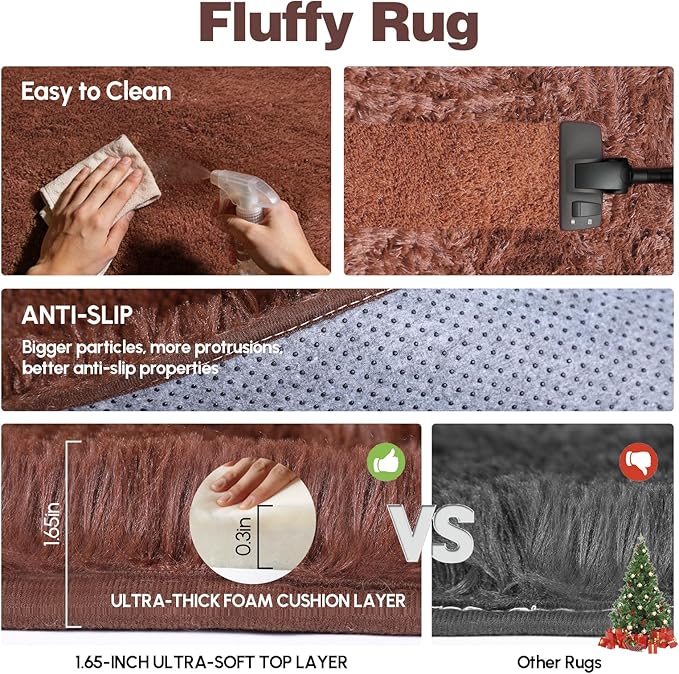 Mtandyx 5x7 Plush Fluffy Area Rugs, Large Soft Carpet, Upgraded Non-Slip Rectangular Rug for Living Room, Bedroom, Kids Room, Dorm, Modern Home Decor Aesthetic,Brown.