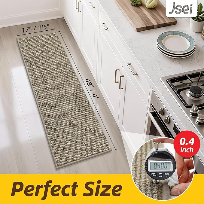 JSEI Kitchen Runner Rugs, 17''x48'' Non-Slip Kitchen Mats for Floor, Machine Washable Absorbent and Stain Resistant Kitchen Rug, Carpet Mats with TPR Backing for Kitchen, Beige