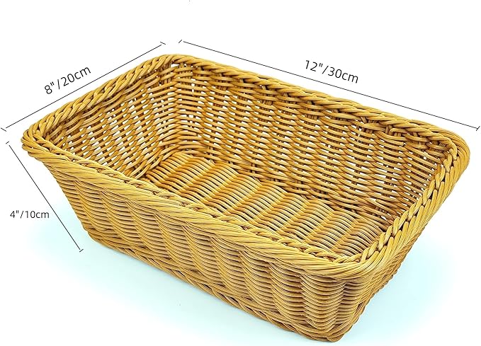 12" Poly Wicker Bread Basket, Hand Woven Food Storage Room Organizer, Fruits, Vegetables and Snacks Tabletop Food Serving Basket, Restaurant, Hotel Service, Brown