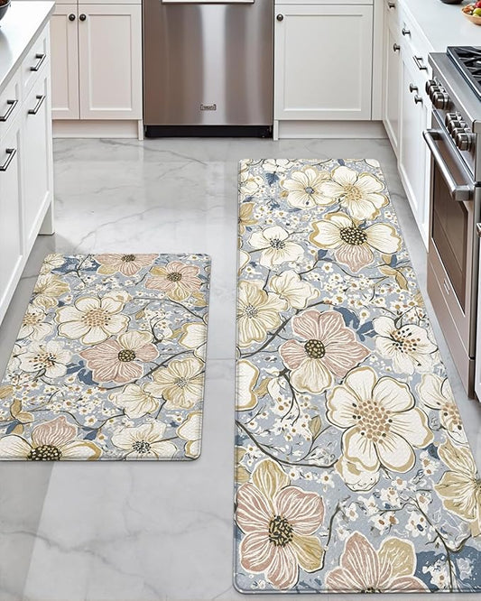 DEXI Kitchen Mats for Floor 2 Piece Set, 17x29+17x59, Cushioned Standing Mat Anti Fatigue, Waterproof Comfort Floral Padded for Laundry Room Office, Blue and Yellow
