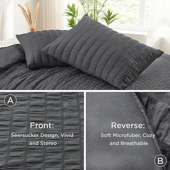 AveLom Seersucker Full Comforter Set (80x90 inches), 3 Pieces - 100% Soft Washed Microfiber Lightweight Comforter with 2 Pillowcases, All Season Down Alternative Comforter Set for Bedding, Gray