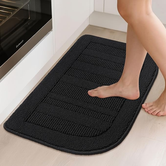 BEQHAUSE 30x18 Inch Kitchen Rug Mat Durable Kitchen Rugs Non-Slip Washable Absorbent Kitchen Mats for Floor Dirt-Resistant Semicircular Kitchen Mat (Black, 2PCS)