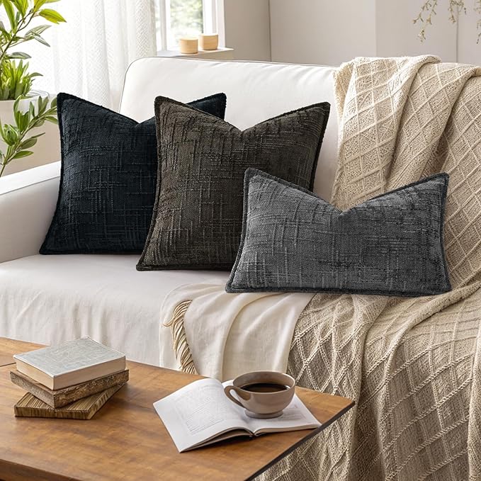 decorUhome Chenille Throw Pillow Covers 16x16 Set of 2, Thick Textured Slubby Neutral Decorative Pillow Covers with Elegant Design for Couch, Sofa, Living Room, Chocolate