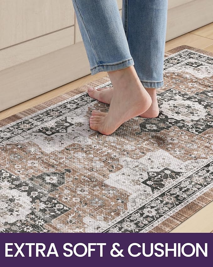 DEXI Kitchen Floor Mats Cushioned Anti Fatigue, 23x59 Long Wide Standing Comfort Runner Rug, Waterproof Retro Floral Memory Foam Padded for Front Sink Laundry, Brown/White