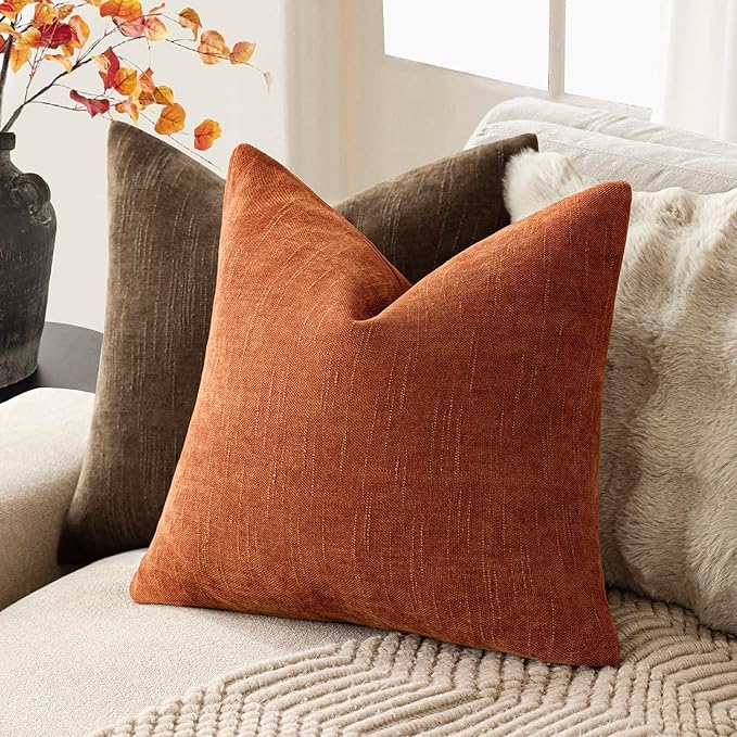 Foindtower Pack of 2 Soft Textured Chenille Throw Decorative Pillow Covers Square Accent Solid Cushion Cover Cozy Neutral Farmhouse Pillow Case for Couch Sofa Bedroom Living Room 20x20 Inch,Orange