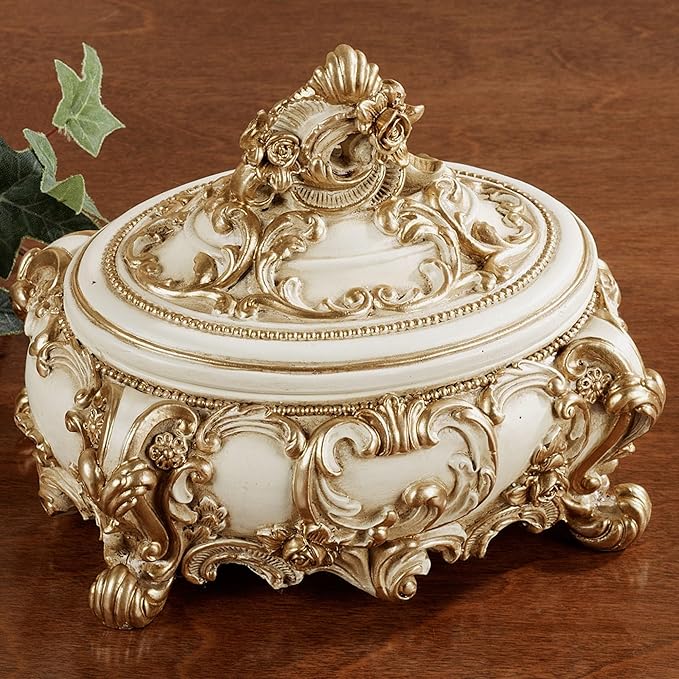 Touch of Class Oliviana Covered Box - Resin - Ivory, Gold - Victorian Style - Acanthus Leaves - Vintage Decor for Jewelry, Trinkets, Keys - Place in Bedroom, Bathroom, Foyer, Entryway