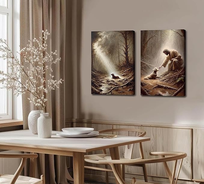 2Pcs Jesus and Lamb Wall Art The Good Shepherd Wall Decor Religious Christian Canvas Painting Jesus Saves the Lost Sheep Poster Prints for Church Bedroom Living Room Home Decoration 12"x16"