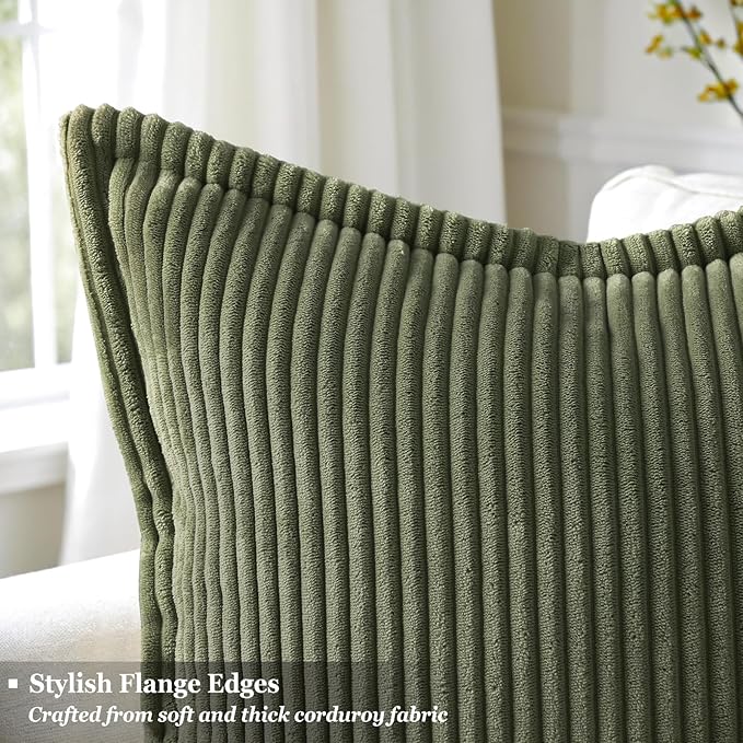 decorUhome Spring Corduroy Olive Green Euro Sham Throw Pillow Covers 24x24 Set of 2 Decorative Soft Boho Farmhouse Couch Pillow Covers for Living Room Bed Sofa Broadside Striped Pillow Cases