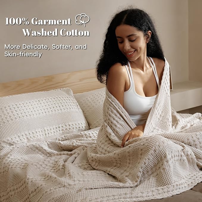 PHF 100% Cotton Waffle Weave Blanket Twin Size for Bed, Soft Lightweight & Breathable, All-Season Comfort, 300 GSM Luxury Aesthetic Blanket for Home Decor, 66"x90", Oatmeal