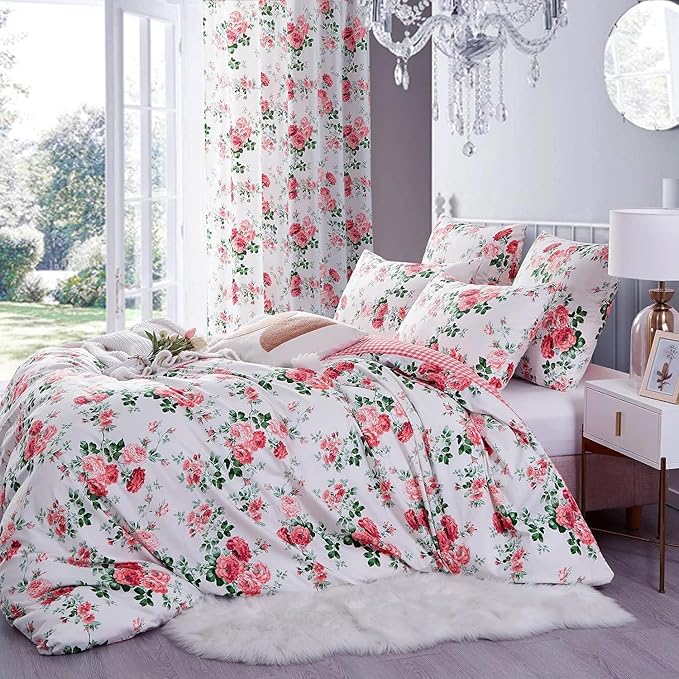 Botanical Floral Duvet Cover King Vintage Garden Flower Duvet Cover 100% Microfiber Floral Comforter Cover Reversible Pink Plaid Wildflower Duvet Cover with Zipper Ties Boho Cottagecore Bedding Set