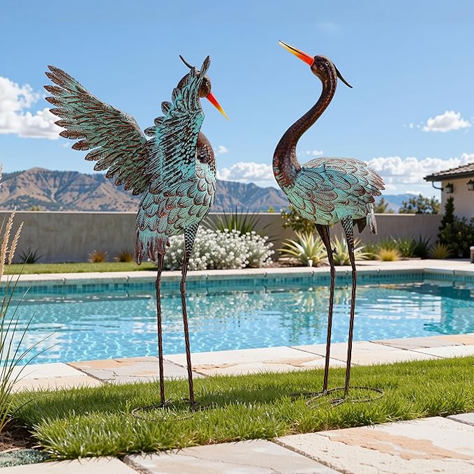 Extra-Large Metal Blue Heron Garden Statue, Handcrafted 36.8" Crane Decor Sculptures with Stable U-Ground Stakes, Backyard Decoration, Metal Garden Bird Animal Yard Art, Lawn Ornament Decor