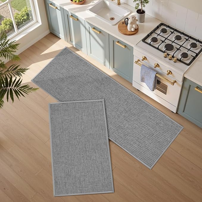 PADOOR Kitchen Rug Sets Non Slip, Washable Kitchen-Mats for Floor Absorbent Runner Rug for Kitchen, Kitchen Floor Mat for Hallway Laundry 17"x30"+17"x47" Grey