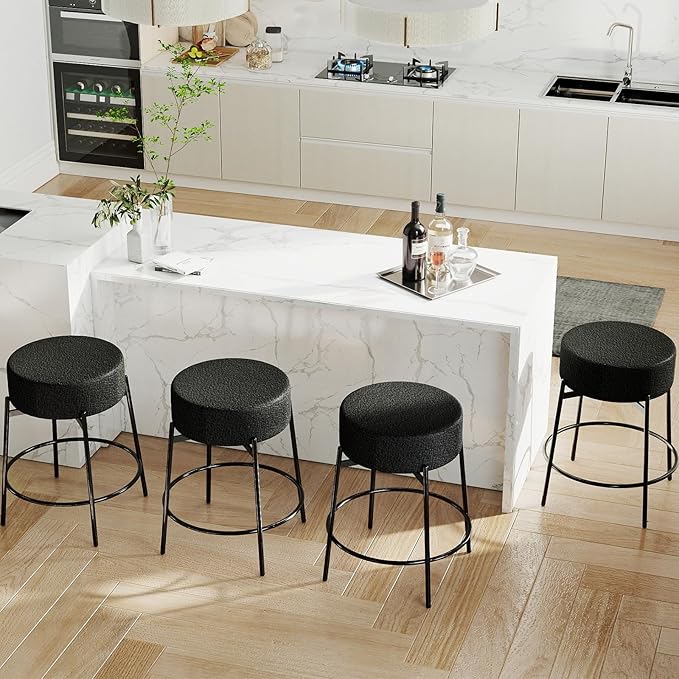 SoarFlash Modern Rotatable Bar Stools Set of 2, 24" Sherpa Swivel Counter Height Stools with Round Soft Padded Boucle Backless Seat, Black