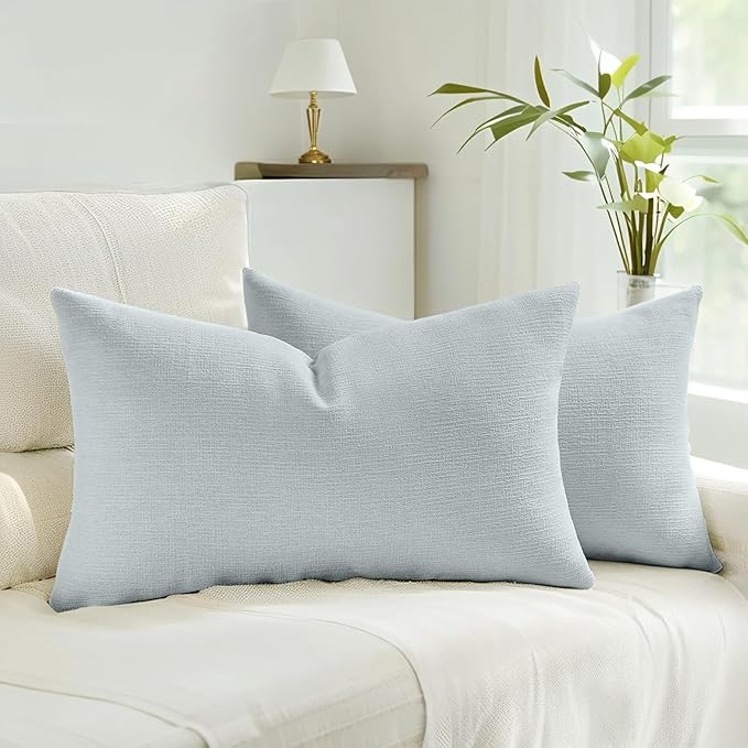 HAUSSY Dusty Blue Throw Pillow Covers 12x20 Inch Set of 2,Boho Decorative Faux Linen Lumber Throw Pillows Cozy Farmhouse Accent Cushion Covers,Home Decor for Couch Sofa Bed Living Room