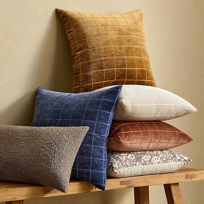 MIULEE Decorative Chenille Check Throw Pillow Covers Vintage Plaid Couch Pillows 20x20 Inch Set of 2 Neutral Boho Farmhouse Cushion Covers Modern Home Decor for Sofa Bed Living Room Brown Sugar