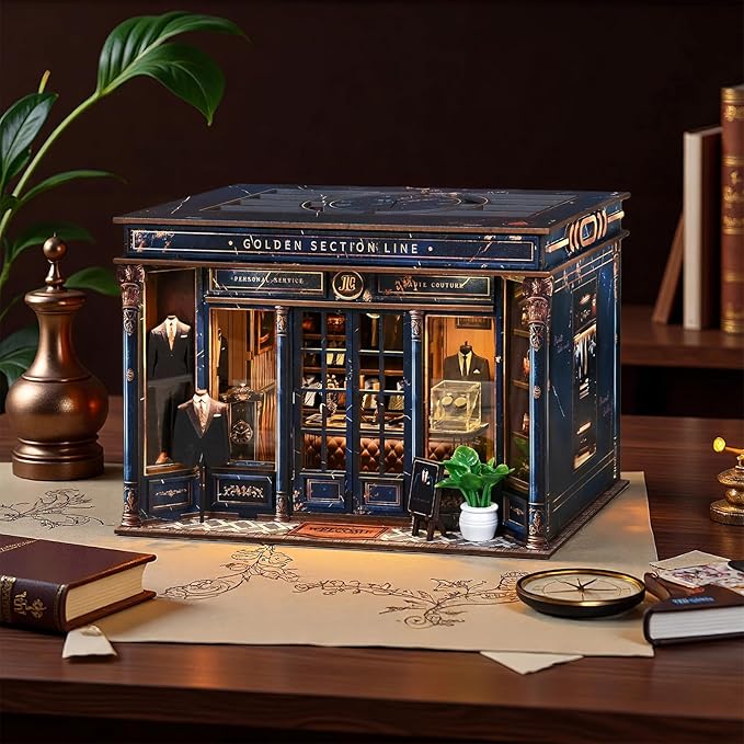 DIY Book Nook Kit - DIY Miniature Dollhouse Kit 3D Wooden Puzzles Gentleman's Clothing Store, Tiny House Bookshelf Decor with LED, Gift for Adults Teens - Golden Section Line