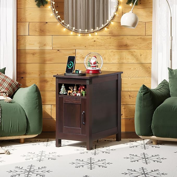 WLIVE End Table with Charging Station, Narrow Side Table for Living Room, Farmhouse Night Stand with Storage, Small Wooden Nightstand with USB Ports and Outlets for Living Room and Bedroom, Brown