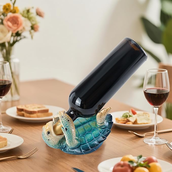 VVGIFTS Sea Turtle Decorative, Figurine Sea Turtle Wine Bottle Holder, Coastal Beach Decor, Resin Statue for Home Desk Tabletop, Ornament Gift Decorations (Bule)