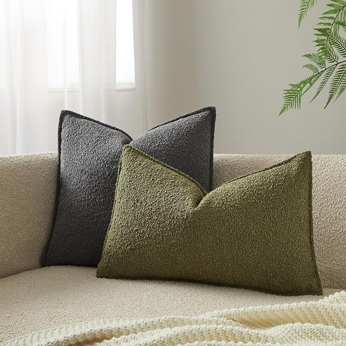 JUSPURBET 16x24 Pillow Covers Set of 2 Decorative Throw Pillow Covers Case for Couch Sofa Bed Soft Boucle Textured Lumbar Cushion Covers with Hidden Zipper for Home Decor Living Room,Olive Green