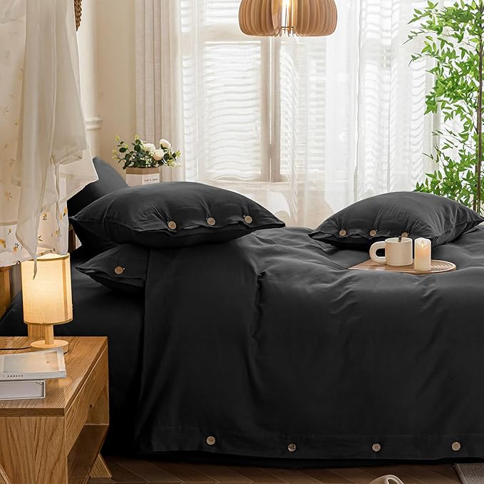 JELLYMONI Cotton Duvet Cover King Size - Pure Black Comforter Cover with Button 100% Washed Cotton 3PCS Breathable Soft Solid Bedding Set Duvet Cover 104×90in & 2 Pillowcases (NO Comforter)
