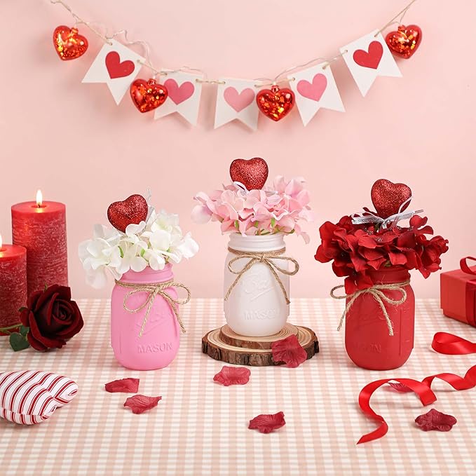 Valentines Anniversary Decor for Women, Red Decorative Mason Jars for Valentines Decorations and Wedding Table Decor, Valentines Gift for Women, Mothers Day Mason Jar