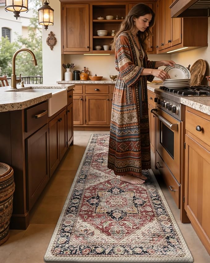 DEXI Kitchen Floor Mats Anti Fatigue, 17x59 Cushioned Vintage Runner Rug Waterproof, Standing Comfort Memory Foam Padded for Front Sink Laundry Office, Beige and Red