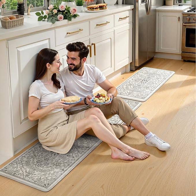 KIMODE Anti Fatigue Kitchen Mats, 2 PCS Cushioned Kitchen Rugs and Mats, Boho Kitchen Floor Mats Non Slip, Comfort Foam Standing Mat for Laundry, Office, Sink, Grey 17.3" x 59"+17.3" x 29"