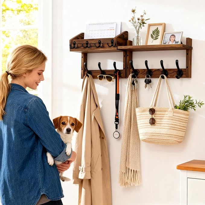 29" Wooden Wall Mounted Coat Rack with Shelf- 4-in-1 Entryway Organizer with 11 Hooks (7 Coat Hooks + 4 Key Hooks), Mail Holder & Display Shelf for Living Room, Bedroom (NOT Come Assembled)