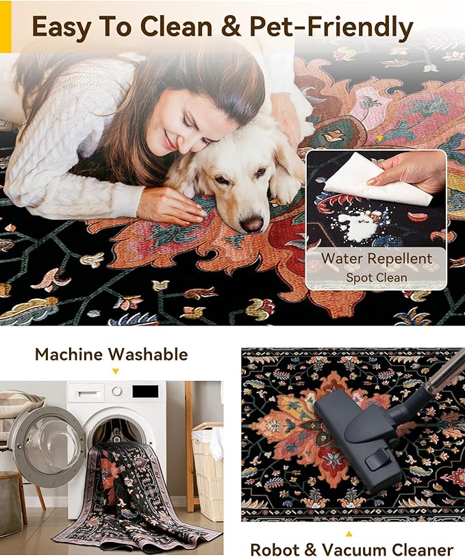 RELEANY Area Rugs 2'6''x8' Washable Non-Slip, Floral Vintage Distress Print Pattern Medallion Carpet for Living Room Bedroom Dining Room, Black Colorful Floral Dark Tan