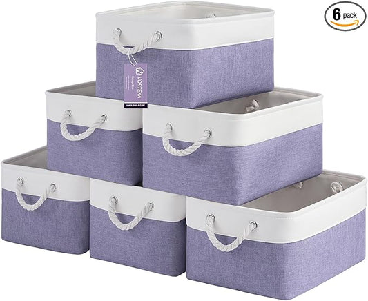 Large Storage Baskets- 15.7x11.8x8.26 inch Storage Bins for Shelves and Closet Organizing, Foldable Fabric Bin for Home Organization Clothes and Laundry (6-Pack, White&Purple)
