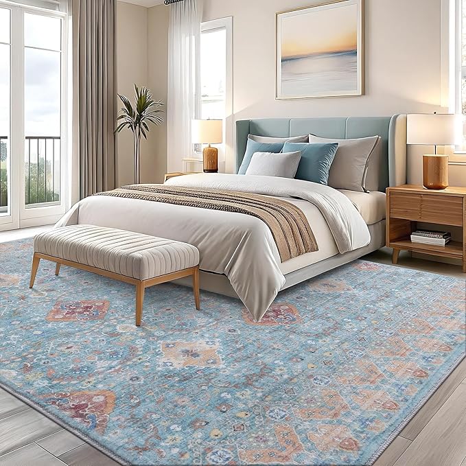 Vanmoos 4x6 Area Rug - Machine Washable, Non-Slip Soft Carpet for Living Room, Bedroom, Office, Dining Room - Durable Accent Rug for Farmhouse & High-Traffic Areas, Charm/Turquoise