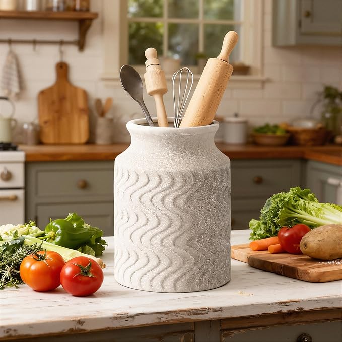 Farmhouse Vases for Decor - Ceramic Kitchen Tools Holder Organizer - 7.8 in Vintage White vase - Rustic Vase - Table Pedestal Cylinder Vases for Centerpieces - Decoration Vase by Lyeec