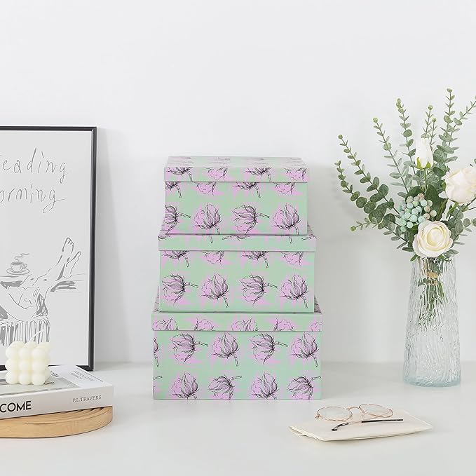 Soul & Lane Set of 3 Decorative Boxes with Lids, Square 11" x 11" Nesting Cardboard Storage for Home Décor in Green, Keepsake and Memory Boxes for Organizing, Sage Garden