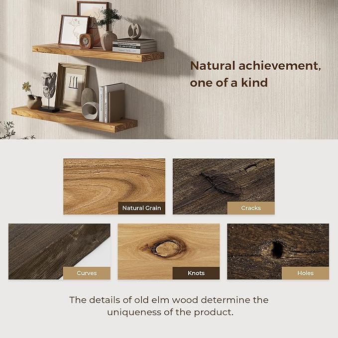 Rustic Wood Floating Shelves for Wall Decor, Elm Wood Shelves 48 Inch Long, 8 Inch Deep Floating Shelf with for Living Room Bathroom Bedroom Kitchen, 48 x 8 Wall Shelves Set of 1, Natural Color