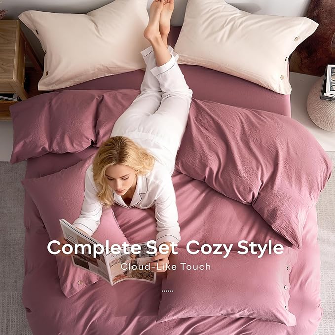 JELLYMONI 100% Washed Cotton Duvet Cover Queen – Soft, Breathable Linen-Look Bedding with Natural Wrinkle Texture, Button Closure, 3-Piece Set (Deep Rose, 90"x90")