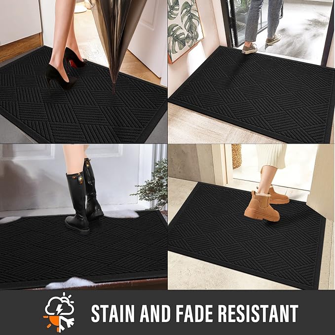 HIYARD Sturdy Front Door Mat, Absorbent Muddy Dirt Resist Welcome Door Mats Outdoor Indoor, Stain and Fade Resistant, Non-Slip Rubber Backing Low Profile Doormat for Entryway, 60×36, Black