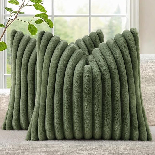 decorUhome Faux Fur Throw Pillow Covers 20x20 Set of 2, Decorative Soft Plush Striped Neutral Couch Euro Pillow Covers with Velvet Back for Sofa, Bed, Living Room Home Decor, Olive Green