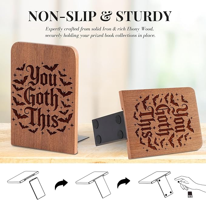 Goth Gifts for Women Men, Gothic Bookends, Heavy Duty Wooden Book Ends for Shelves Decorative(1 Pair, 4.72x6.69 Inches) - Bat
