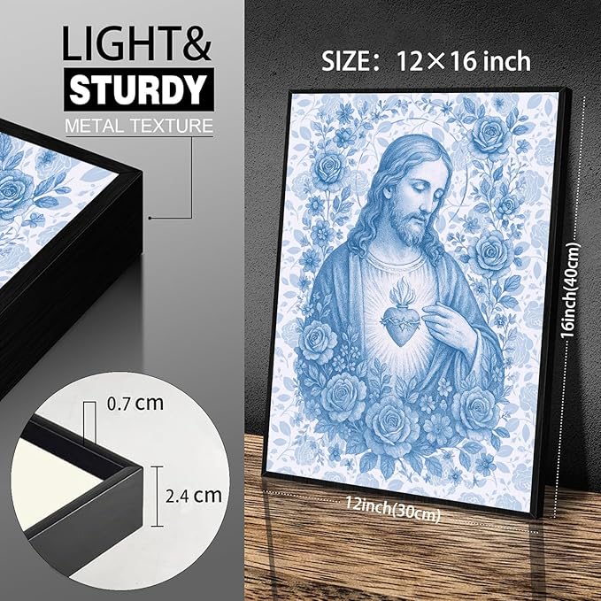 Framed Blue Sacred Heart of Jesus Canvas Wall Art Divine Mercy Wall Decor Jesus Portrait Pictures Catholic Artwork Christian Religious Poster Prints for Living Room Prayer Room Church 12x16in