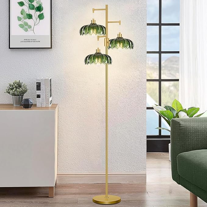 WLQCWL Vintage Floor Lamps for Living Room Bedroom-3 Light Dimmable Gold Floor Lamp with Glass Lampshape, Flower Tall Lamp Modern Mid Century Standing Lamp Green Tree Floor Lamp for Bedroom Corner