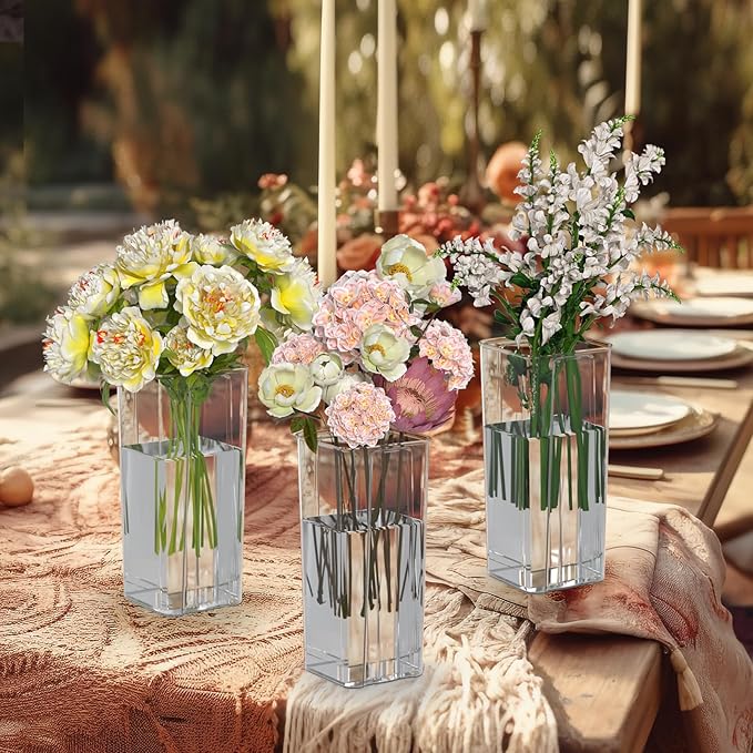 Teyyvn 6 Pack Acrylic Flower Vases for Centerpieces, 9 Inch Clear Plastic Square Vases for Flowers, Home Table Wedding Décor