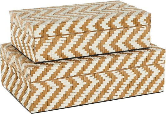 Deco 79 Paper Geometric Handmade Decorative Box Woven Zig Zag Storage Decorative Keepsake Box with Cream Accents, Set of 2 Storage Box 12", 8"W, Brown