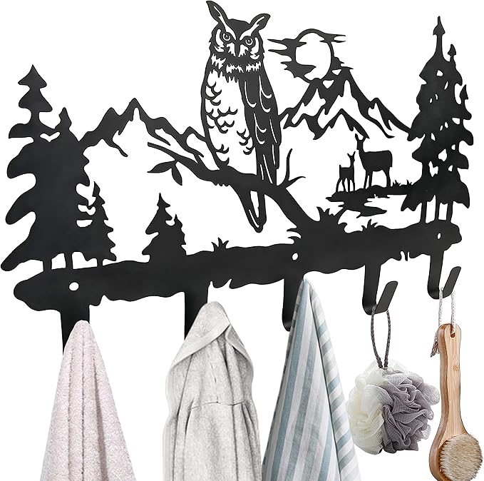Metal Owl Hooks Wall Art Decor-Owl Hangers and Key Holder-Clothes Hat Rack and Backpack Hanger-Animal Theme Hooks Sweet Home Decor for Storage, Living Room, Hallway, Office (Black)