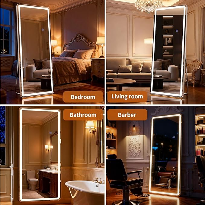 Led Mirror Full Length 16 x 60 Inch Tempered Glass Full Body Mirrors with Dimming & 3 Color Lighting Standing Leaning or Hanging Full Length led Mirrors for Bedroom Dressing Room Rect