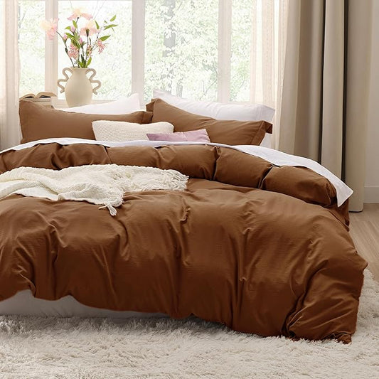 Bedsure Brown Duvet Cover Queen Size - 3 Pieces Prewashed Cotton-Like Extra Soft Bedding Set, Includes 1 Duvet Cover 90x90 Inches with Zipper Closure & 2 Pillow Shams, Comforter Not Included