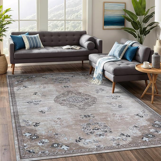 Beverly Rug Non Slip Rugs 6x9 Boho Medallion Floral Non Skid Rubber Backing Easy Silk Soft Area Rug for Living Room Easy to Clean Non Shedding Kitchen Bedroom Indoor Carpet (6 x 9 Beige - Brown)