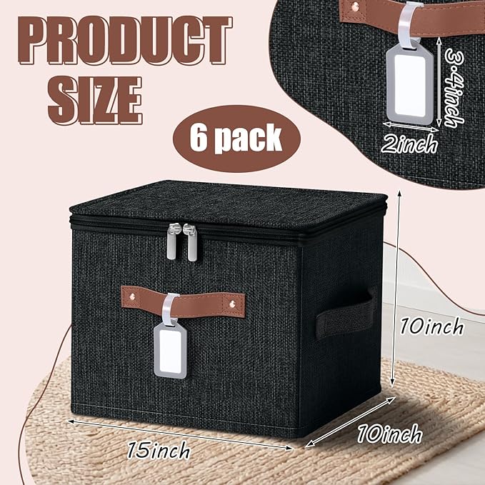 6 Pack Fabric Storage Bins with Lids and Label, 15x10x10Inch Large Size Foldable Cotton Linen Storage Boxes with PU Leather Handles Holders for Closet, Bedroom, Shelf, Nursery, Black