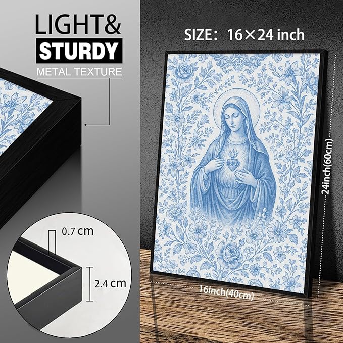 Framed Blue Virgin Mary Immaculate Heart Canvas Wall Art Christian Catholic Wall Decor Our Lady of Guadalupe Portrait Poster Prints Religious Bible Artwork for Living Room Prayer Room Church 16x24in