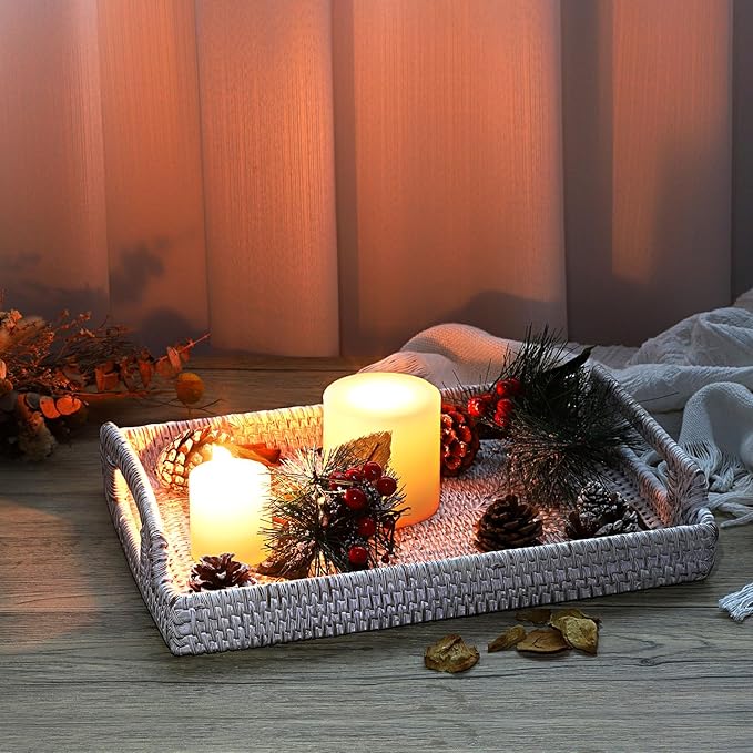 Hipiwe Rattan Serving Tray with Wooden Handles - Hand Woven Decorative Tray for for Coffee Table, Rectangular Basket Ottoman Trays Wicker Fruit Bread Serving Basket, Whitewash