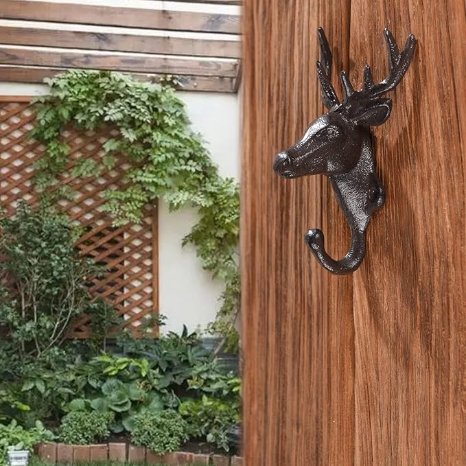 BRASSTAR 2PCS Cast Iron Deer Head Single Wall Coat Hook Hanging for Coats, Bags, Hats, Towels, Keys, Rustic Retro Home Decorative Gift TQGJPT267-02